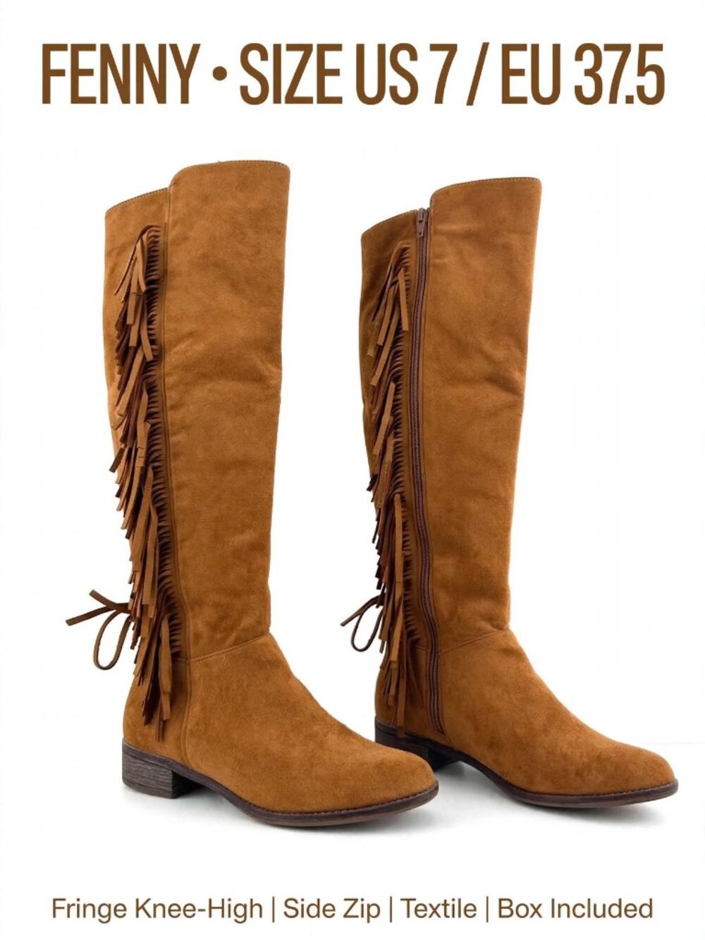 FENNY Whiskey Color Fringe Knee High Boots Size 7 / 37.5 Side Zip